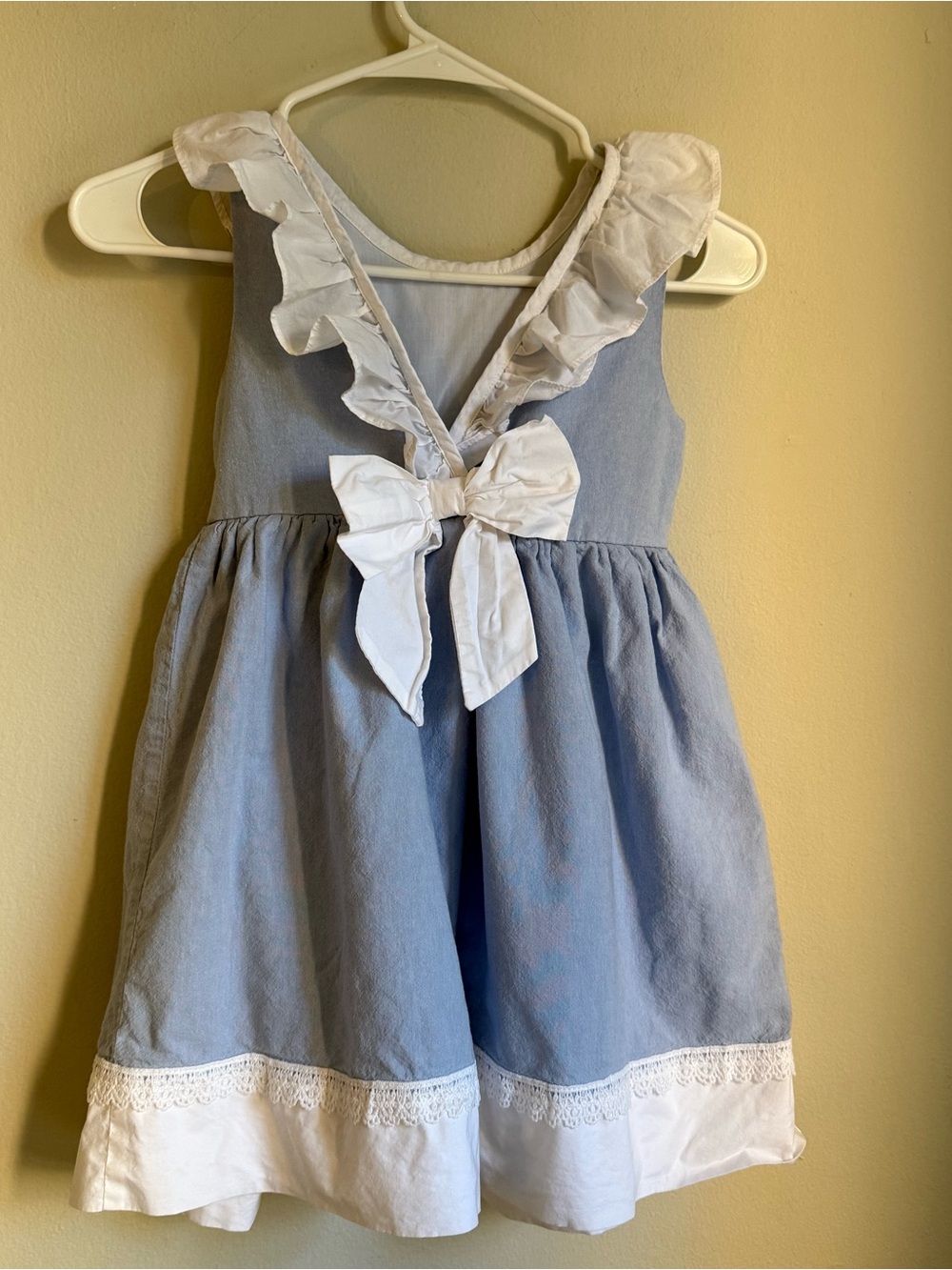 Catherine Malandrino Girls Dress Size 7 Blue White Chambray Ruffle Bow Lace